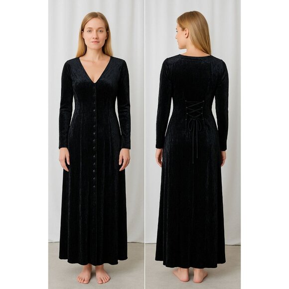 ZOE California Maxi Dress Sz Medium Vtg Black Crinkle Velvet Witchy Goth Vampire - Picture 2 of 14
